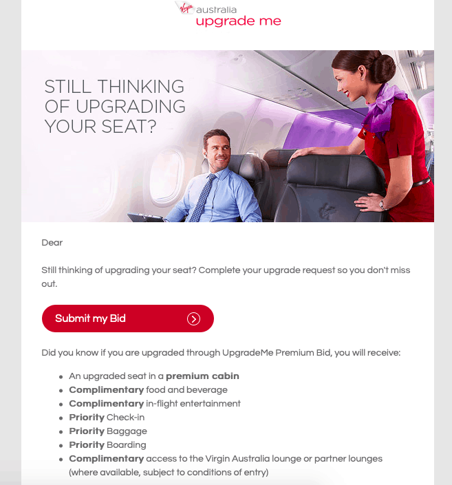 UpgradeMe Premium Bid email from Virgin Australia