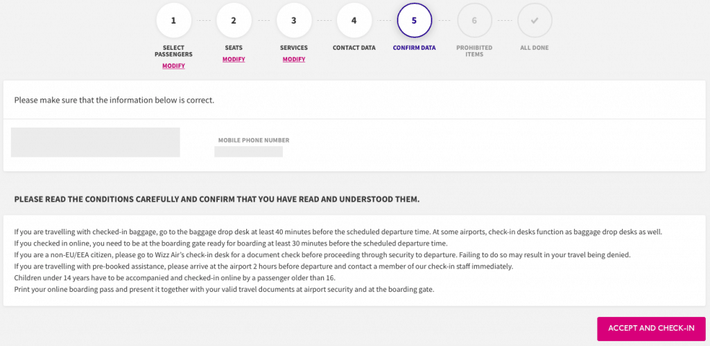 Wizz Air online check-in message