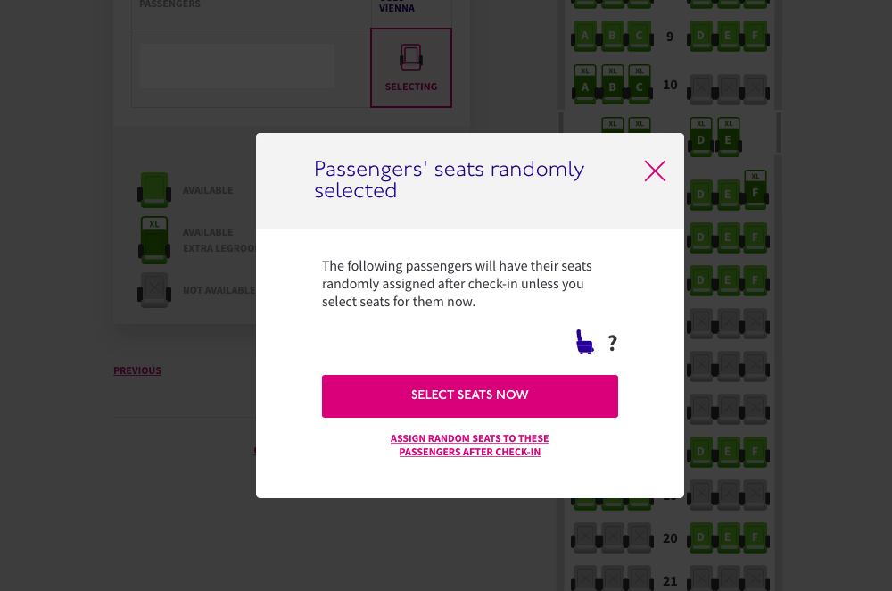 Wizz Air website seat selection