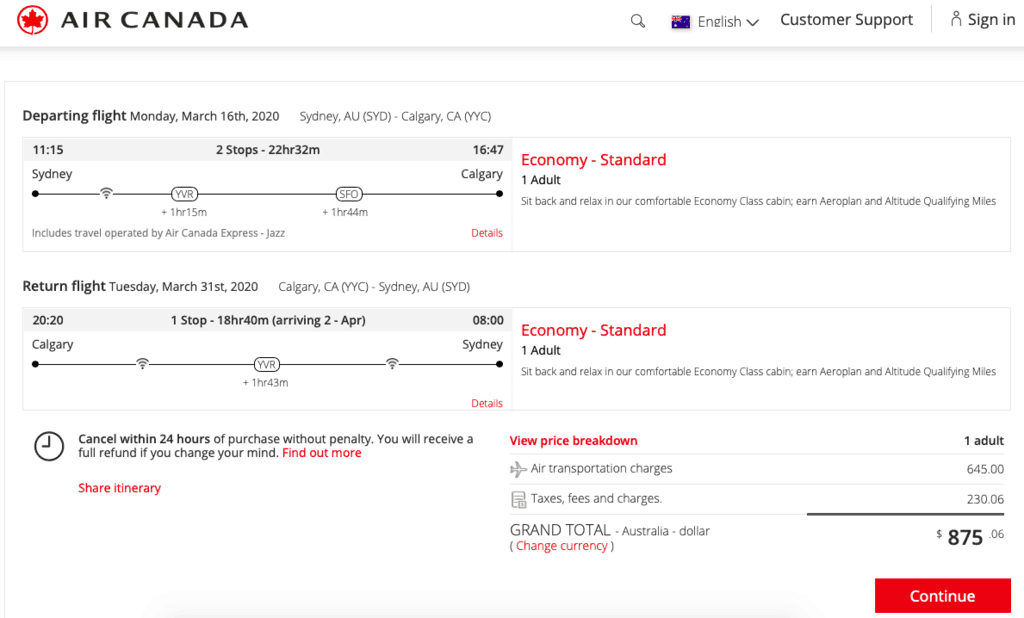 Sample Economy class sale fare from Sydney to Calgary on the Air Canada website