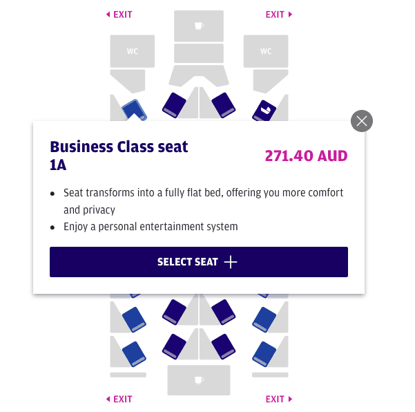 Finnair seat selection fee for seat 1A