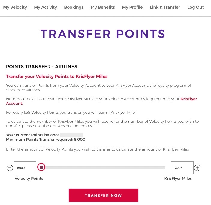 After clicking "transfer now", you'll be asked how many Velocity points you want to send to KrisFlyer