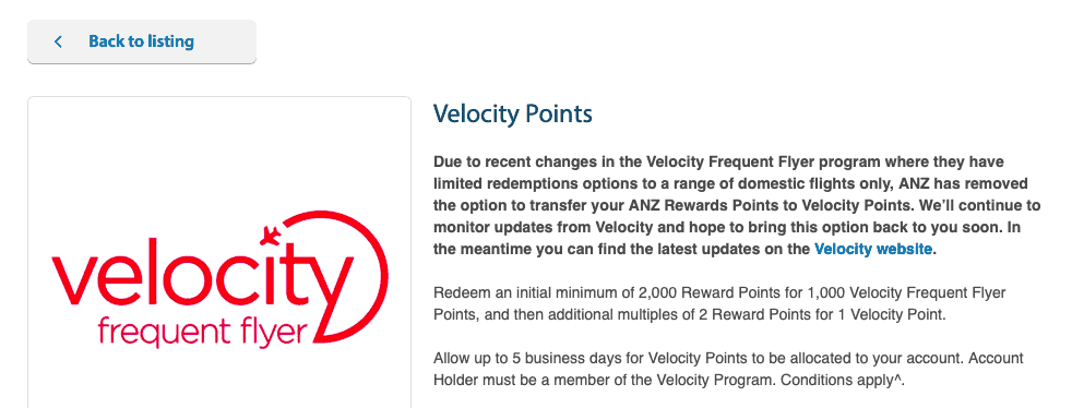 ANZ Rewards has paused Velocity transfers