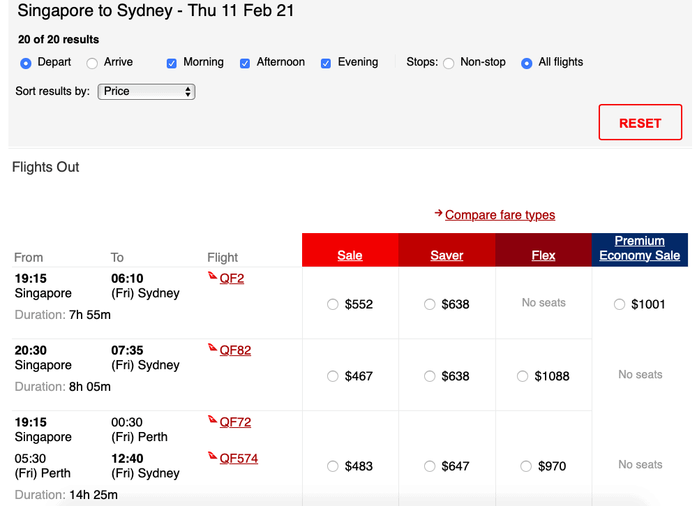 Qantas flights from Singapore to Sydney