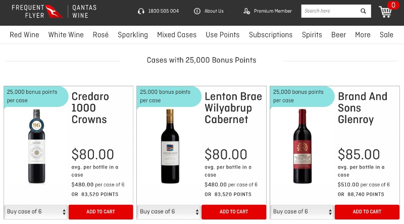 Qantas Wine cases with 25,000 bonus points