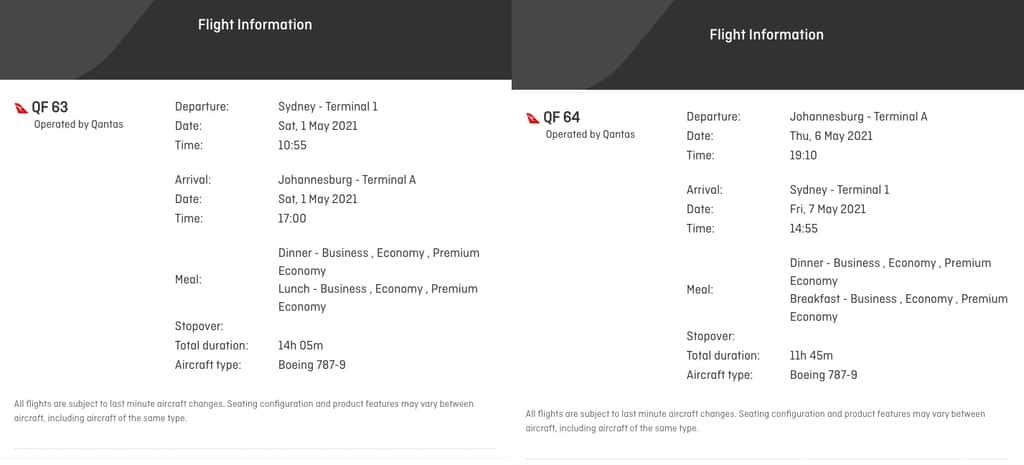 Updated flight information for QF63 & QF64 (SYD-JNB)