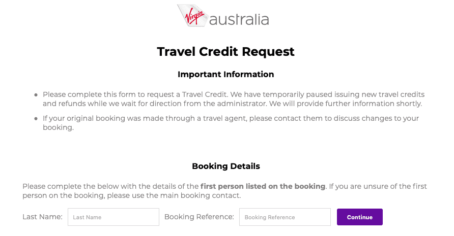 Virgin Australia Travel Credit Request page on Friday