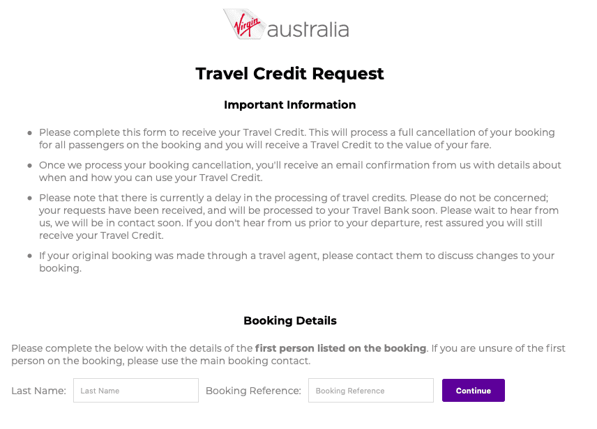 Virgin Australia Travel Credit Request page on Thursday