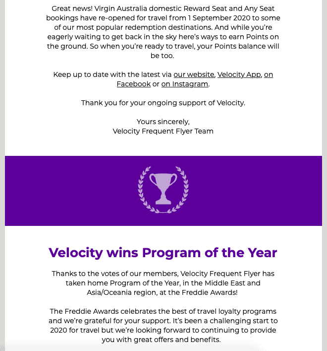 Velocity marketing email from 22 May
