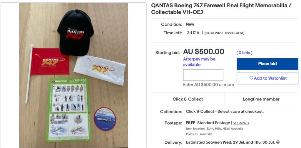 Qantas souvenirs given to Economy passengers on the 747 joy flights are on sale for $500 on eBay. A ticket on the flight cost $400.