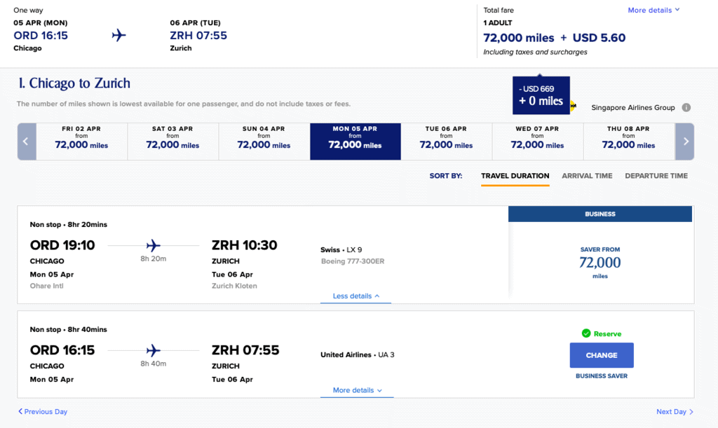Save $939 by redeeming KrisFlyer miles to fly with United instead of Swiss on the same route