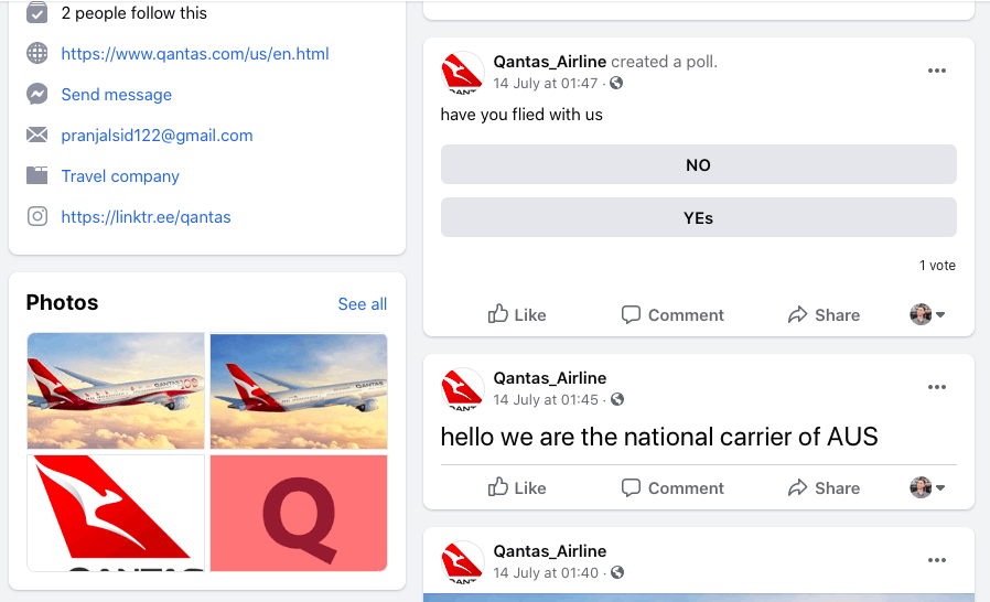 Fake Qantas Facebook page