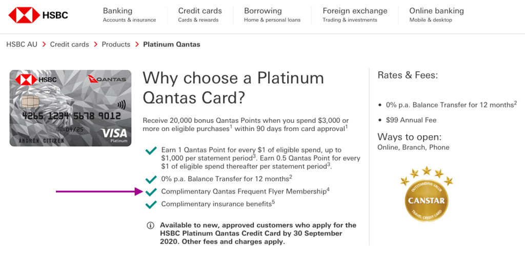 Promotion for the HSBC Platinum Qantas Credit Card on the HSBC website
