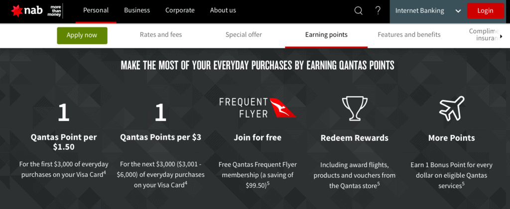 Promotion for the NAB Qantas Rewards Premium credit card on the NAB website