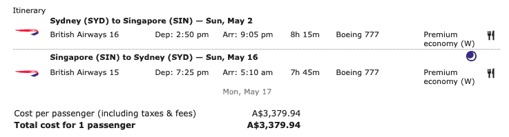 British Airways Premium Economy fare from SYD to SIN for $3,379.94
