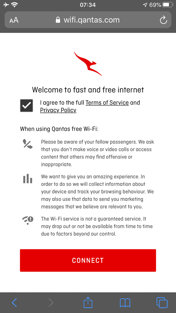 When connecting to Qantas free Wi-Fi, you're agreeing to have your data collected