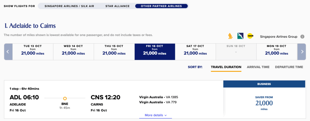 Singapore Airlines website screenshot