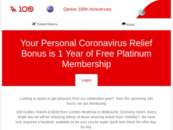 Beware of Qantas "Coronavirus Relief Bonus" Scam Emails