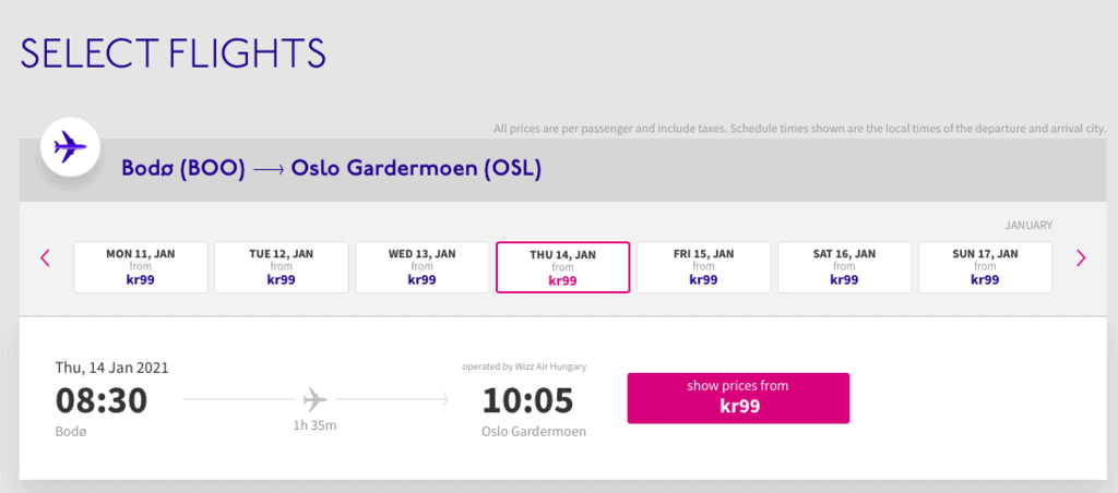 WizzAir flights from Oslo to Bodo