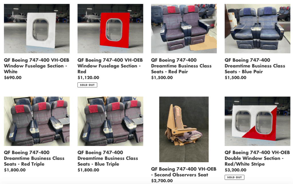 Some of the genuine parts from VH-OEB on sale via Airline Artifacts