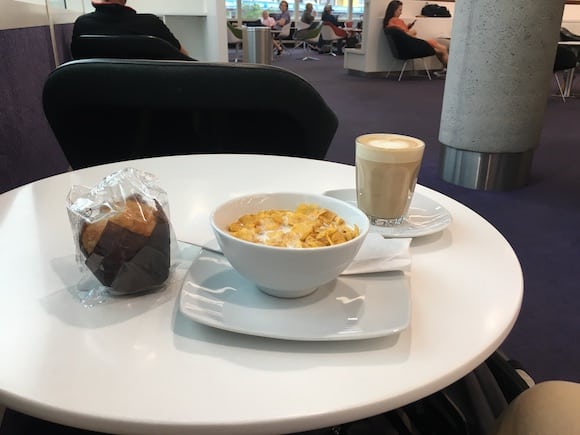 Corn flakes and a muffin for breakfast at the Virgin Australia Lounge