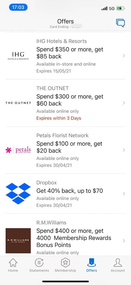 Amex statement credit offers in app