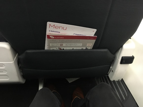 Virgin Australia 737 business class with menu in seat pocket