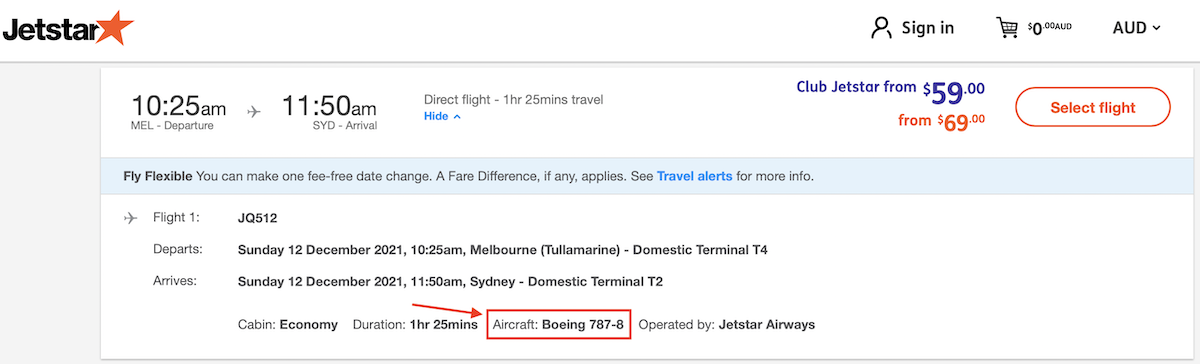 Check the aircraft type when booking your flight on the Jetstar website