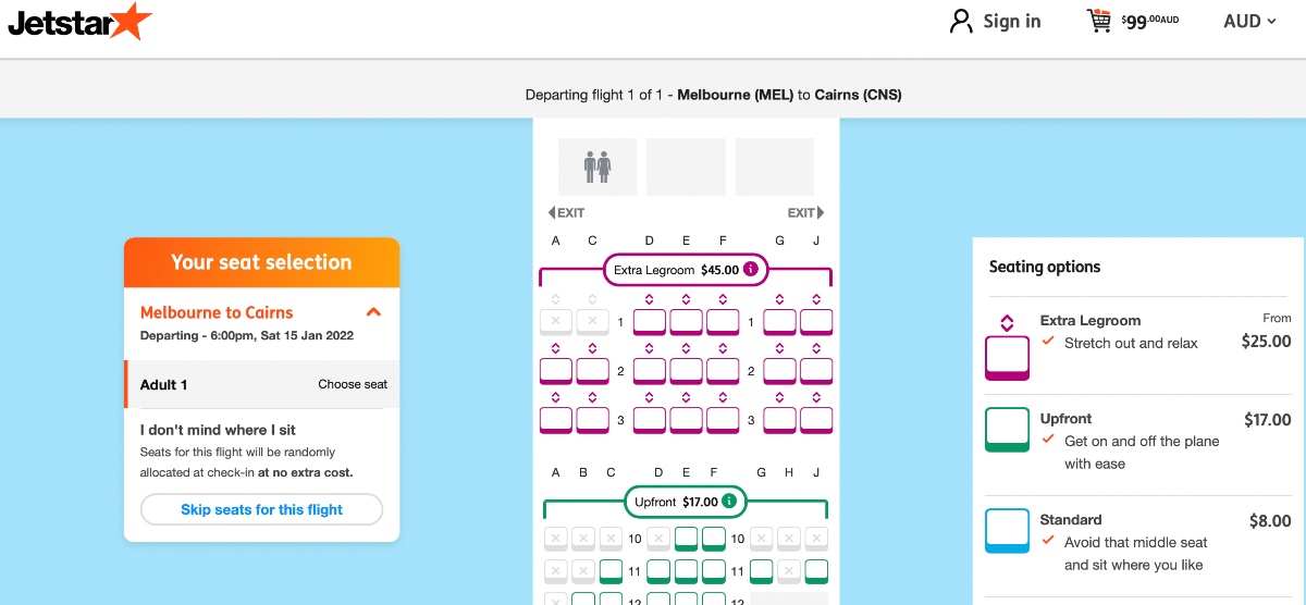 Jetstar website screenshot MEL-CNS seat selection