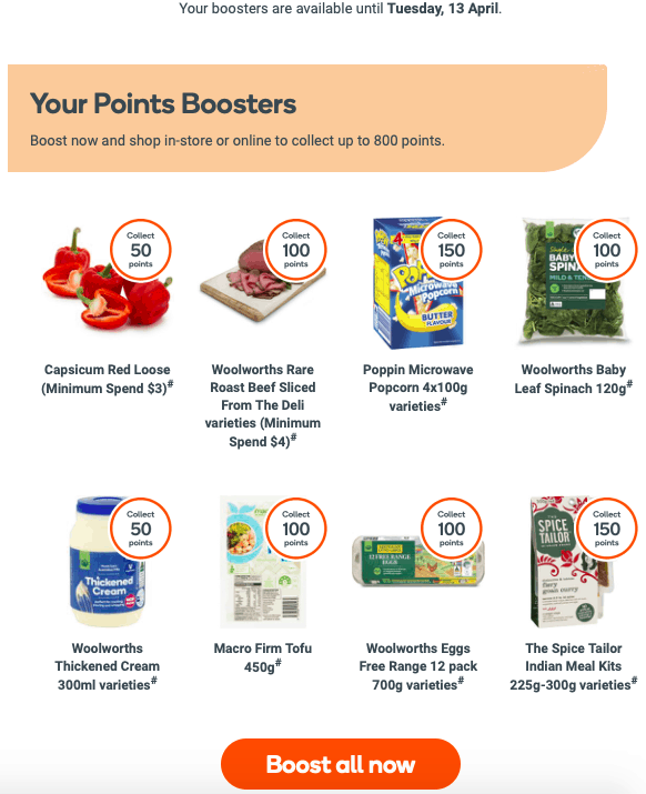 Example of an email with "Points Boosters" offers from Everyday Rewards