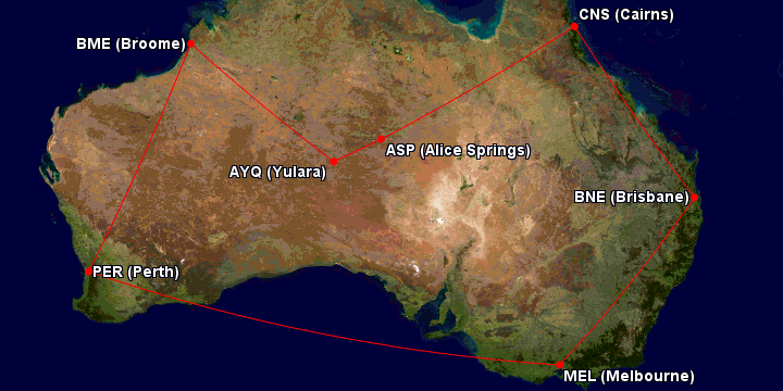 Map of 1996 Qantas award itinerary