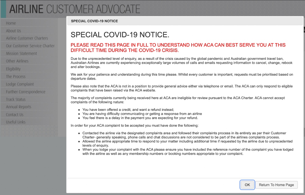 COVID-19 notice on the Airline Customer Advocate website