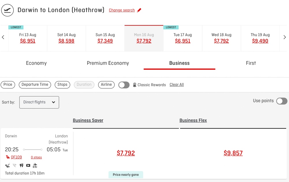 Qantas Business fares from DRW to LHR next month