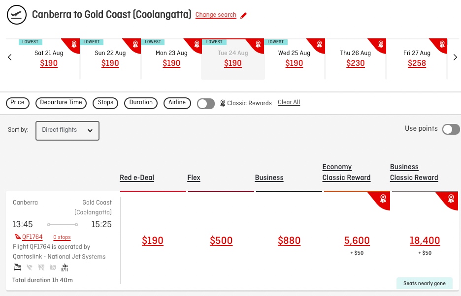 CBR-OOL fares on Qantas website