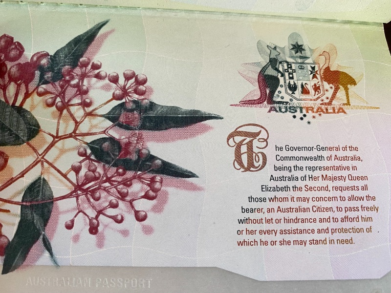 Inside cover of Australian passport
