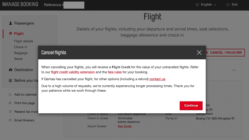 Qantas website offers flight credit for cancelled booking