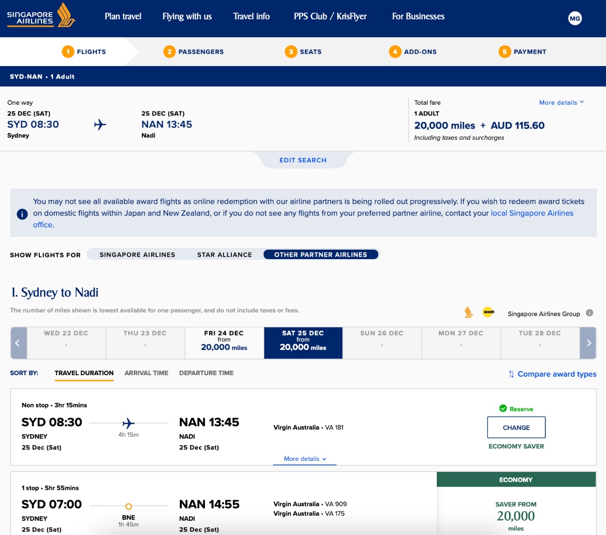Singapore Airlines website screenshot SYD-NAN