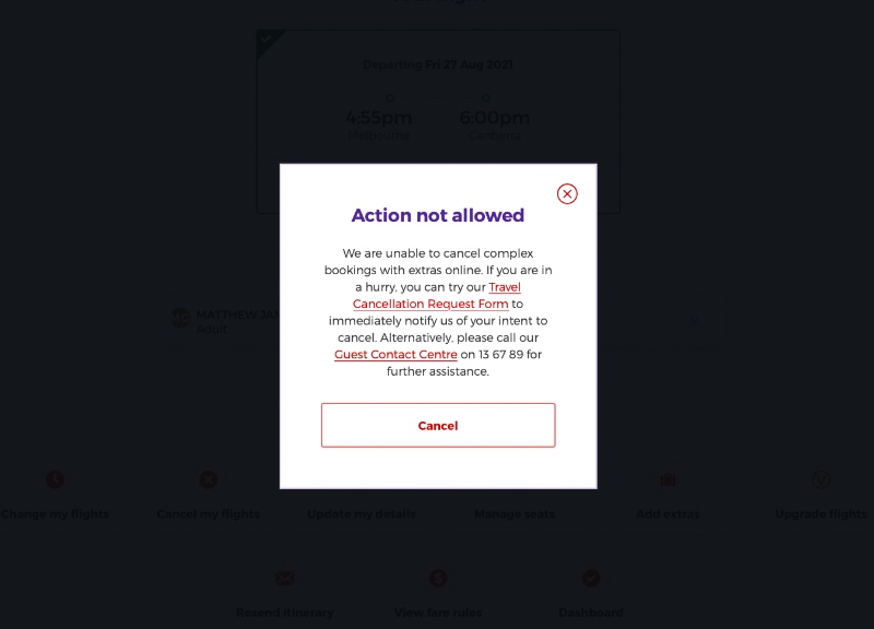 Virgin website action not allowed