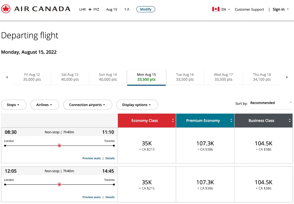 Screenshot of London-Toronto award flights on the Air Canada website