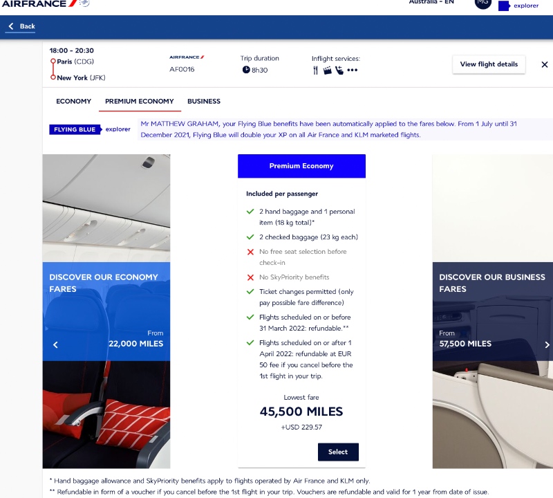 Air France website screenshot CDG-JFK award booking