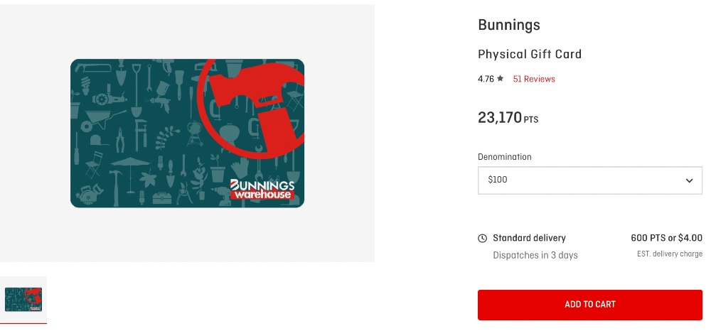 Bunnings gift card redemption on the Qantas Rewards Store
