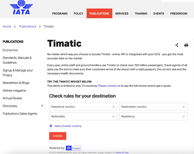 IATA Timatic widget contains COVID-19 international transit and entry information