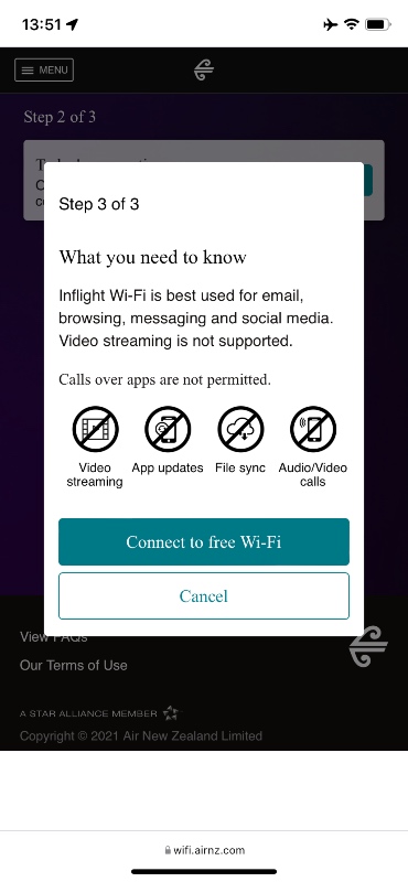 Connecting to Air New Zealand's free in-flight wifi on my smartphone