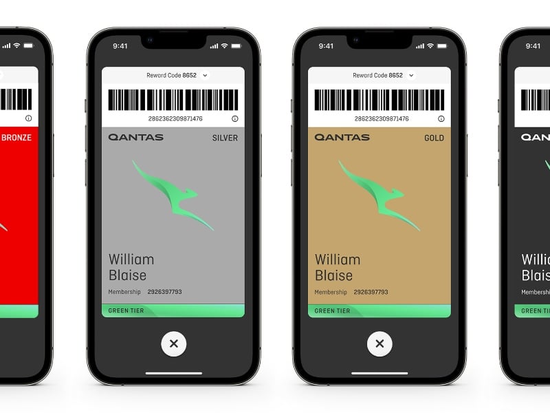 Green tier membership is displayed on digital Qantas Frequent Flyer cards