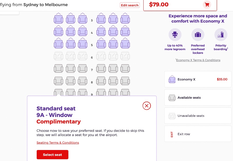 Virgin Australia 737 seat selection