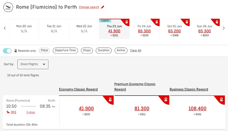 Qantas award availability from FCO to PER on 23 June 2022