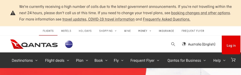 High call volume message on the Qantas website