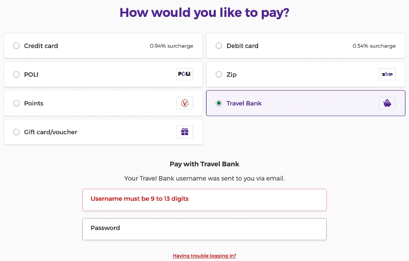 Virgin Australia website payment page screenshot