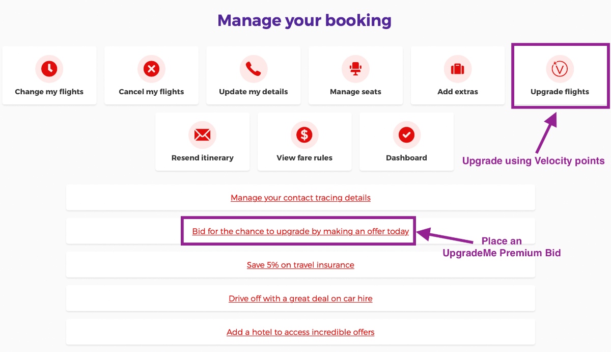 Where to upgrade on the Virgin Australia website.