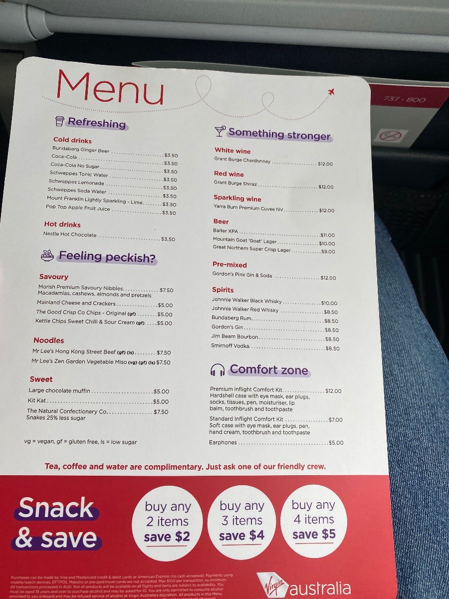 Virgin Australia on-board menu as of November 2021